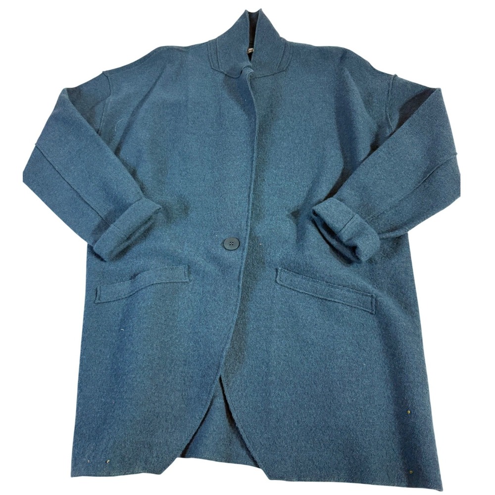 Eileen Fisher Merino Wool Coat S Teal Single Button Stand Collar